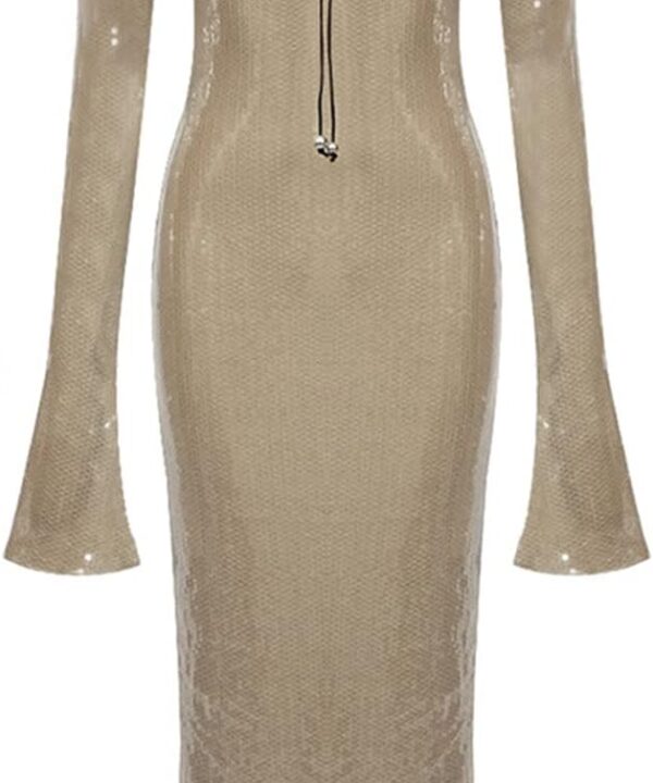 meilun Deep V Dress with Drawstring Long Sleeve Sequin Dress for Women Long Gown