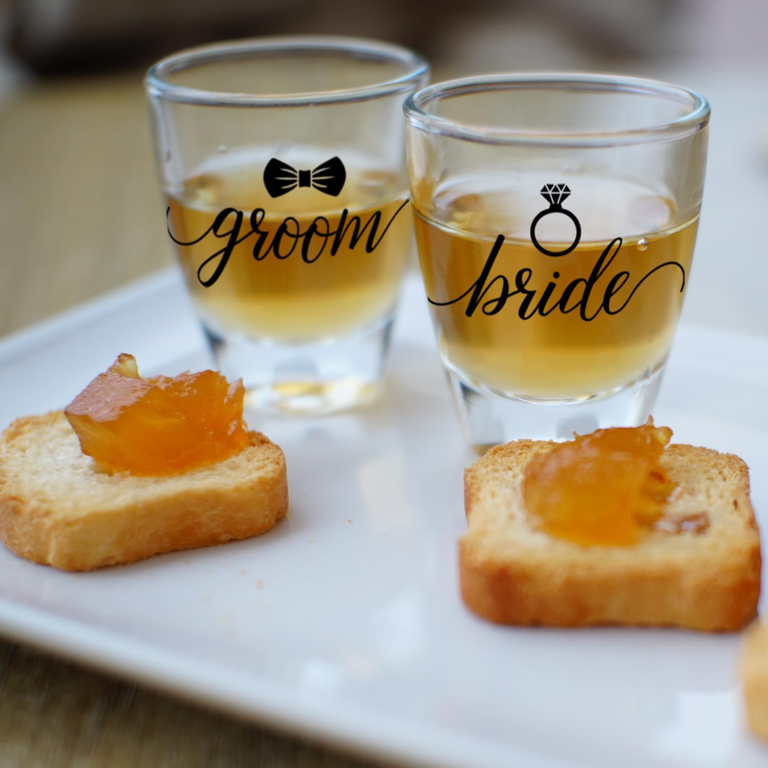 Canopy Street Bride And Groom Shot Glasses / 2 Wedding Shot Glasses/Bachelorette Bachelor Party 1.5 Ounce Small Glass Set