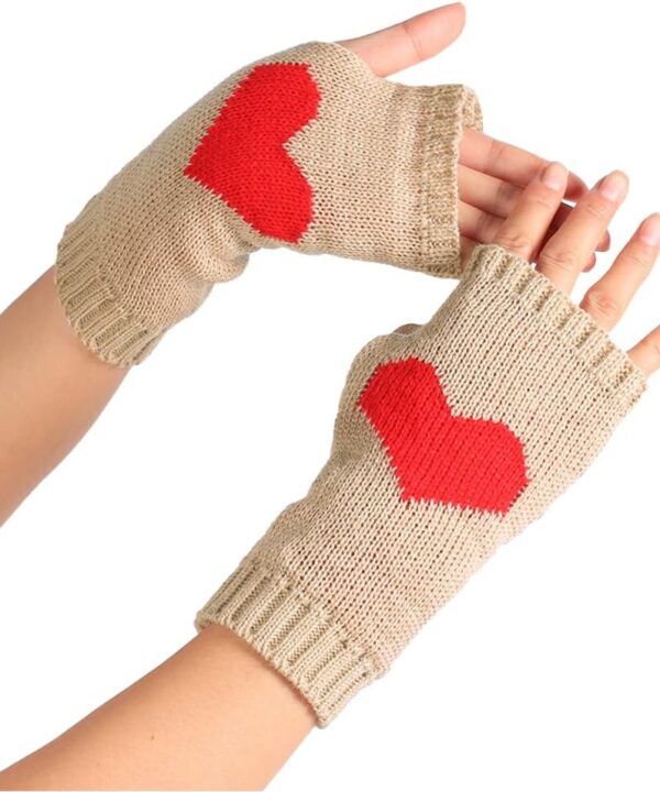 2 Pairs Heart Fingerless Knit Gloves Thumb Hole Gloves Cute Khaki Beige Valentine Winter Soft Hand Warmers Knitting Wrist Warmer Gloves Mittens for Women Unisex Typing Driving Gift Supplies