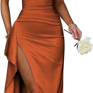 Satin Ruffle Prom Dresses Long for Women Spaghetti Straps Mermaid Slit Cocktail Dresses Formal Gowns for Teens
