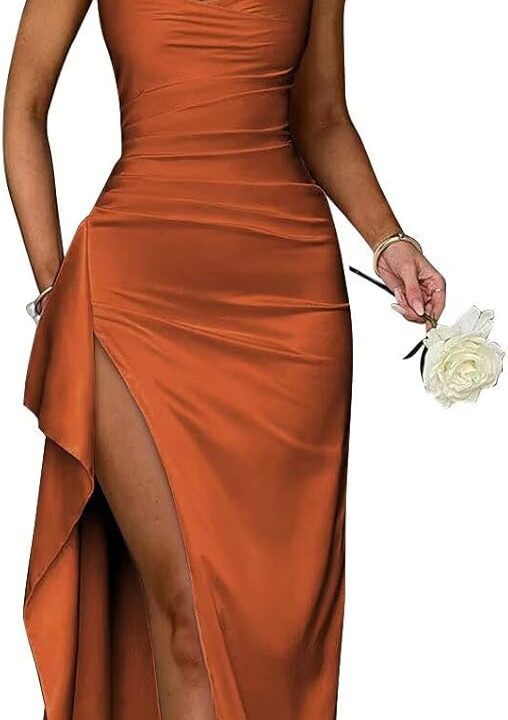 Satin Ruffle Prom Dresses Long for Women Spaghetti Straps Mermaid Slit Cocktail Dresses Formal Gowns for Teens