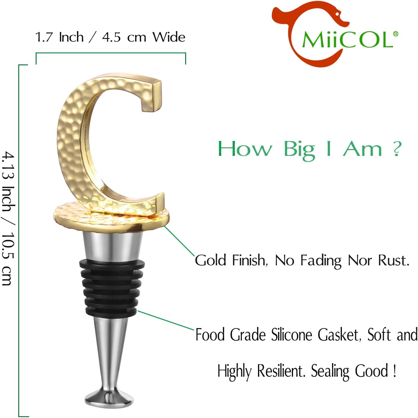 Miicol Wine Stopper, Prosecco Topper, Personalised Champagne Stopper, Gold Wine Accessories, Wine Lovers Gift, Monogram Gift, Letter C