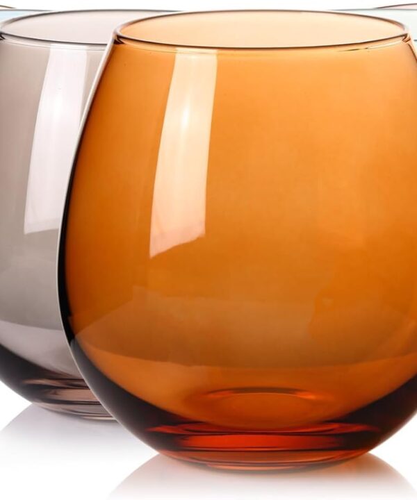 Colored Stemless Wine Glasses Set of 6-15 oz Hand-Blown Crystal Colored Glassware, Multicolor Drinking Glasses, Wedding, Birthday, Christmas, Housewarming Gifts for Women