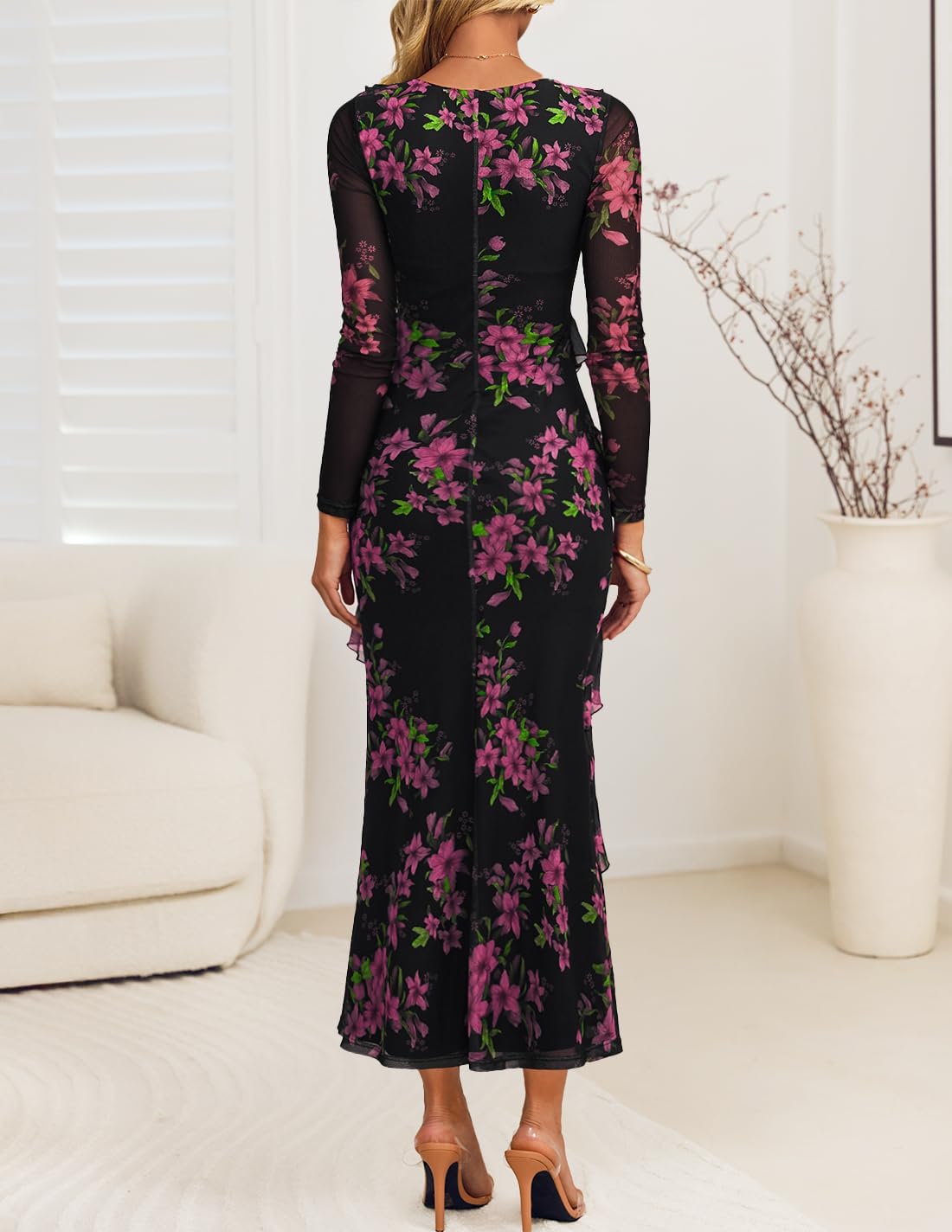 ZESICA Women’s Fall Floral Long Sleeve Maxi Dress 2025 Boho Bodycon V Neck Ruffle Wedding Party Long Dresses