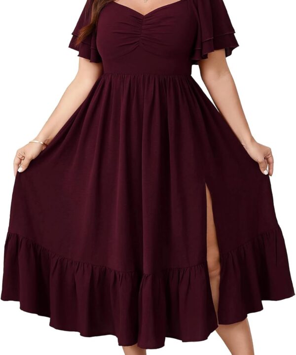 SCOMCHIC Womens Plus Size Wedding Guest Cocktail Dresses Sweetheart Neckline Short Sleeve Smocked Ruffle Slit Maxi Dress