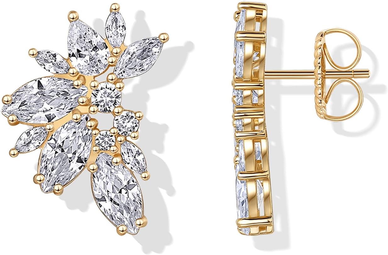 PAVOI 14K Gold Plated Cubic Zirconia Stud Earrings for Women - 925 Sterling Silver Posts Statement Crystal Cluster Wedding Earrings for Brides & Bridesmaids - Trendy CZ Pearl Studs Wedding Jewelry