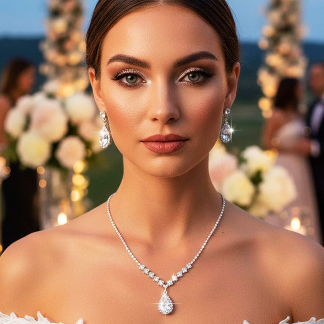 Aukmla Bride Wedding Necklace Earrings Set Silver Rhinestones Necklaces Bridal Crystal Jewelry Accessories for Women (Set of 3)