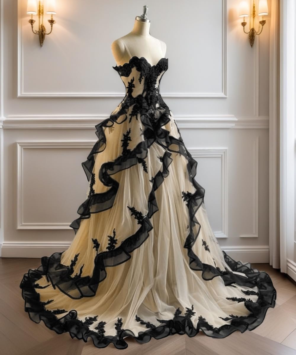 Mouccy Gothic Black Lace Wedding Dresses for Bride Strapless Tulle Bridal Gowns with Train A-line Wedding Gown with Ruffles