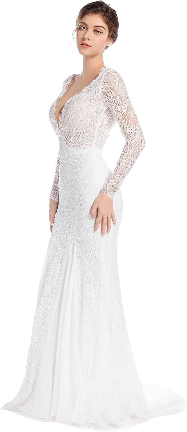 Mermaid Wedding Dresses for Bride Classy lace Boho Long Sleeve Open Back Bohemian Wedding Gowns