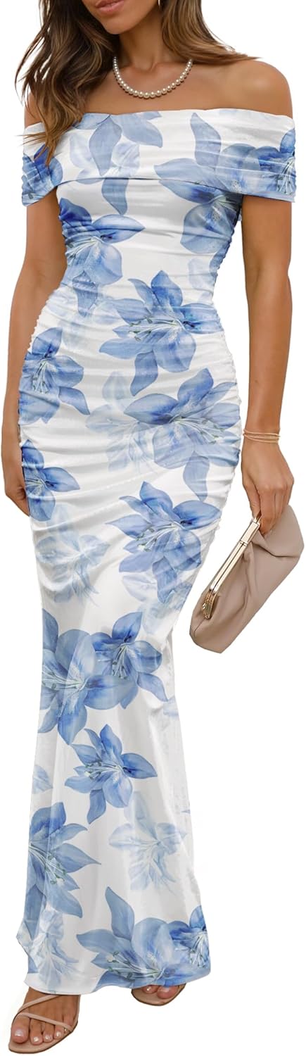 Wedding Guest Dresses for Women 2025 Floral Formal Cocktail Maxi Styles Off The Shoulder Stretch Sexy Bodycon Dress