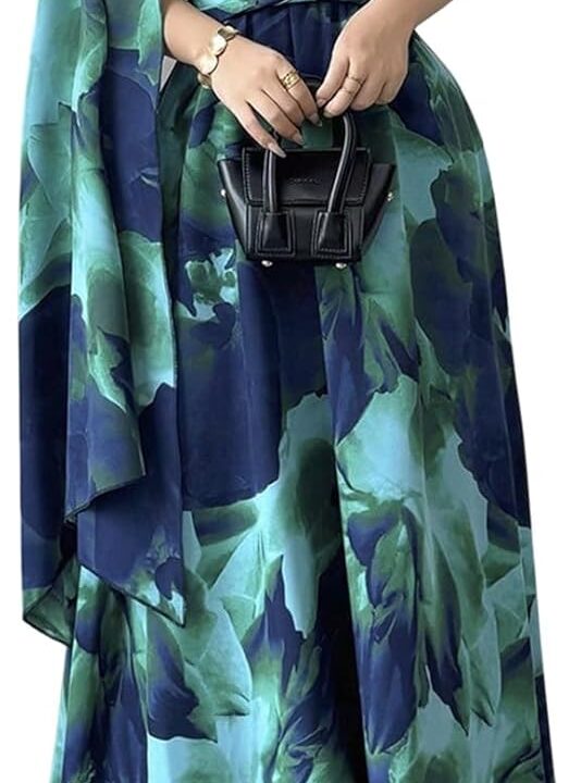 GORGLITTER Women's One Shoulder Evening Formal A Line Maxi Dress Floral Cocktail Long Bridesmaid Dress with Cape