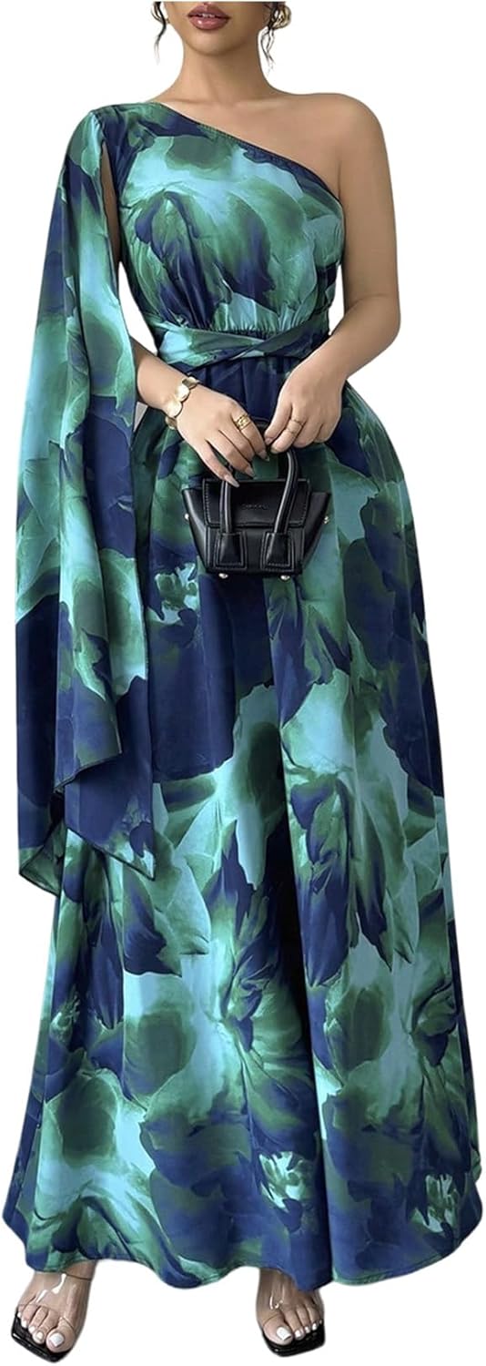 GORGLITTER Women's One Shoulder Evening Formal A Line Maxi Dress Floral Cocktail Long Bridesmaid Dress with Cape