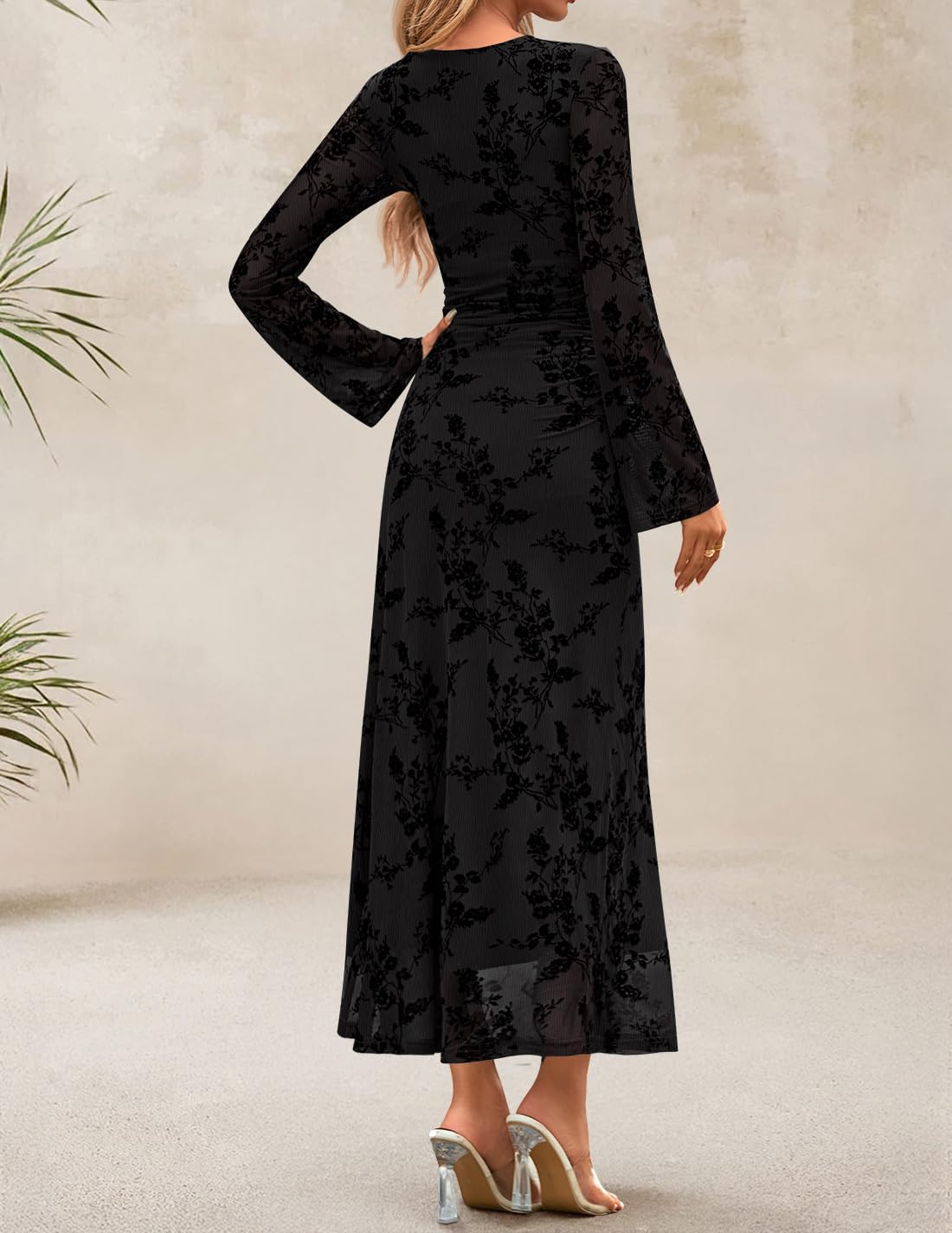 ZESICA Women’s Long Sleeve Floral Bodycon Dress 2025 Fall Fashion Ruched Mesh Wedding Guest Cocktail Party Maxi Dresses