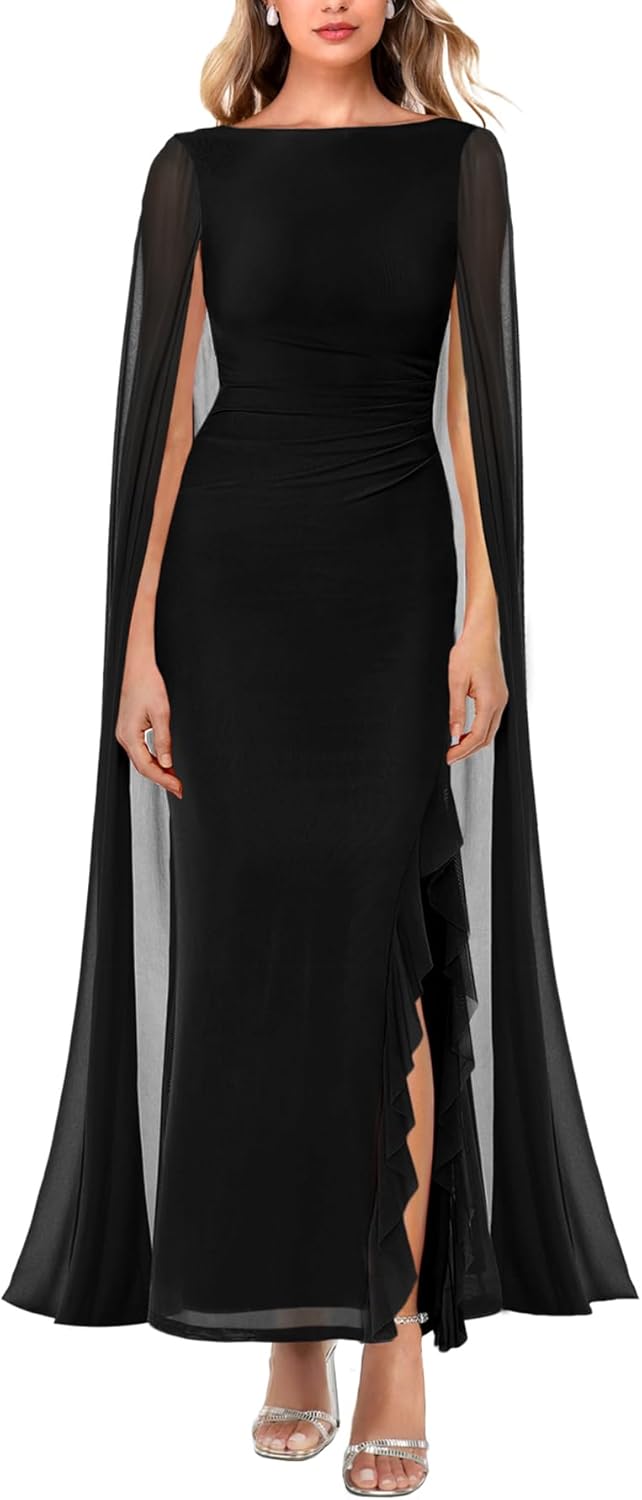 Lrady Women's Formal Evening Gowns High Split Ruffle Wedding Guest Cape Sleeve Cocktail Party Maxi Dresses
