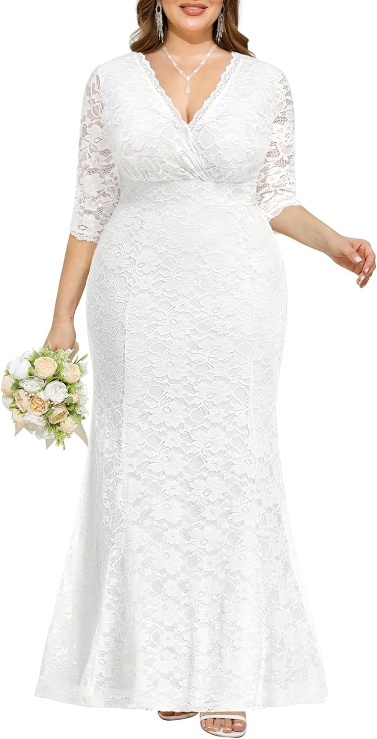 Wedding Dresses for Bride Plus Size – Mermaid Formal Evening Gown Wrap Neck Lace Dress