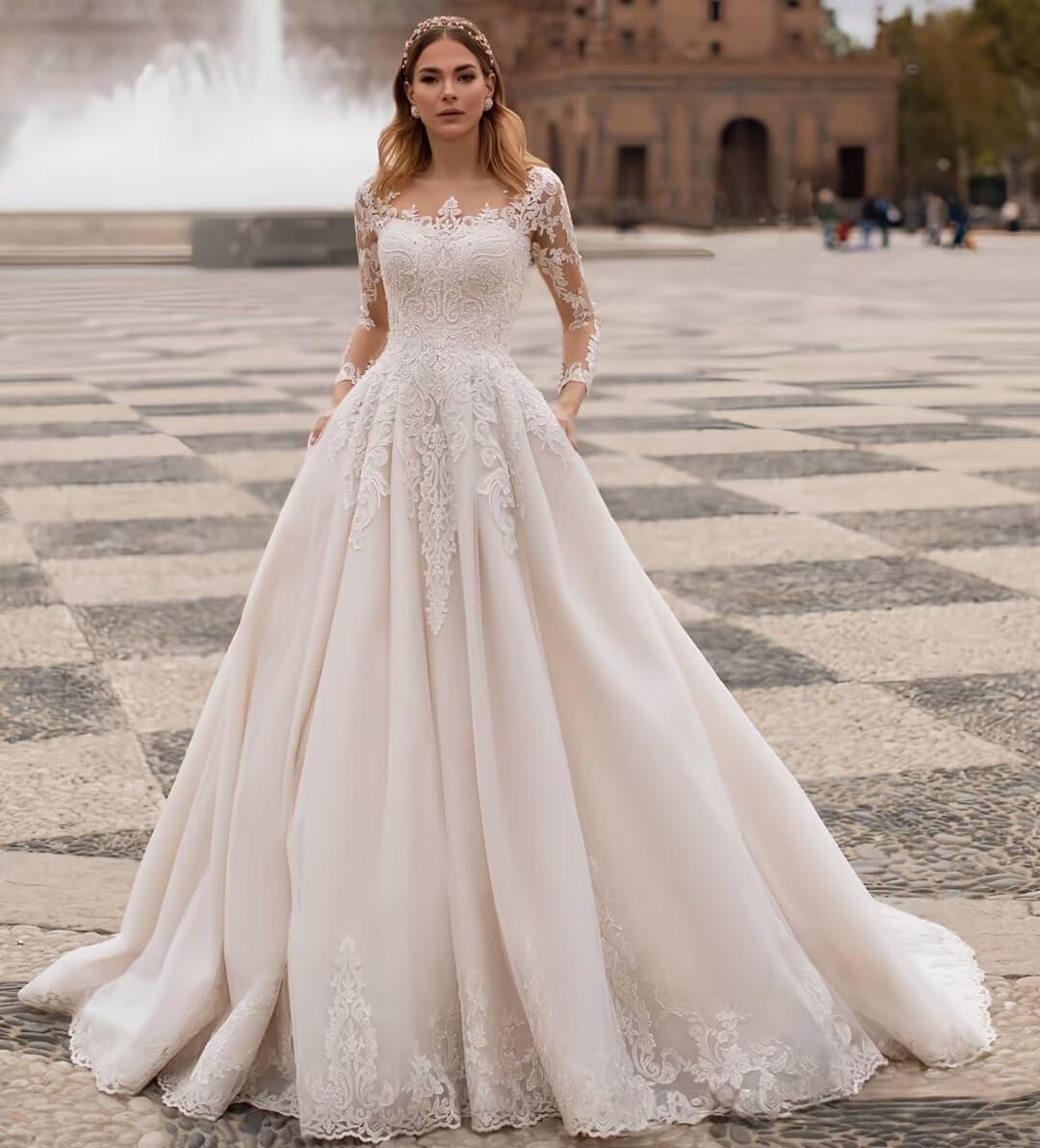 Zeeyecie Lace Long Sleeve Wedding Dresses Tulle A-Line Pleated Floor Length Long Bridal Gowns with Pockets 2025