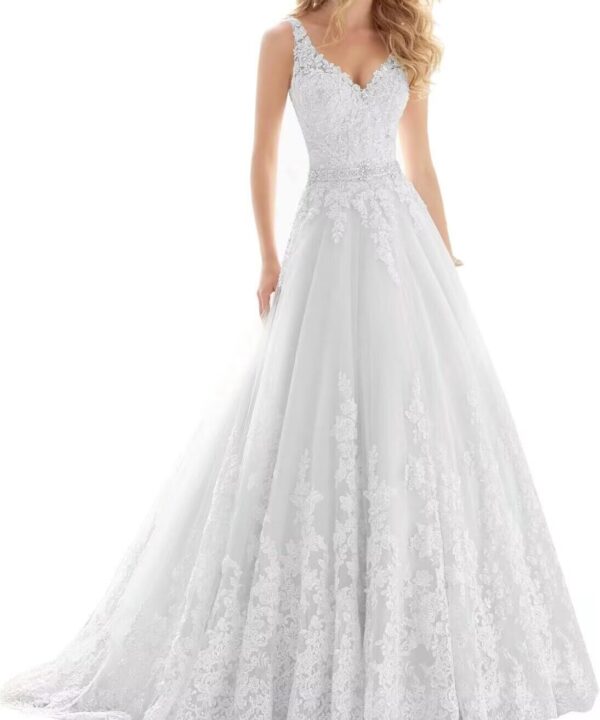 A Line Tulle Wedding Dresses for Women V Neck Sleeveless Bridal Gowns Lace Appliques Boho Wedding Gowns for Bride
