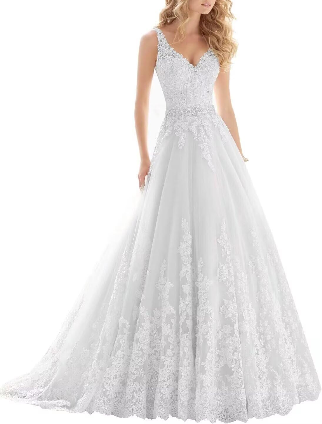 A Line Tulle Wedding Dresses for Women V Neck Sleeveless Bridal Gowns Lace Appliques Boho Wedding Gowns for Bride