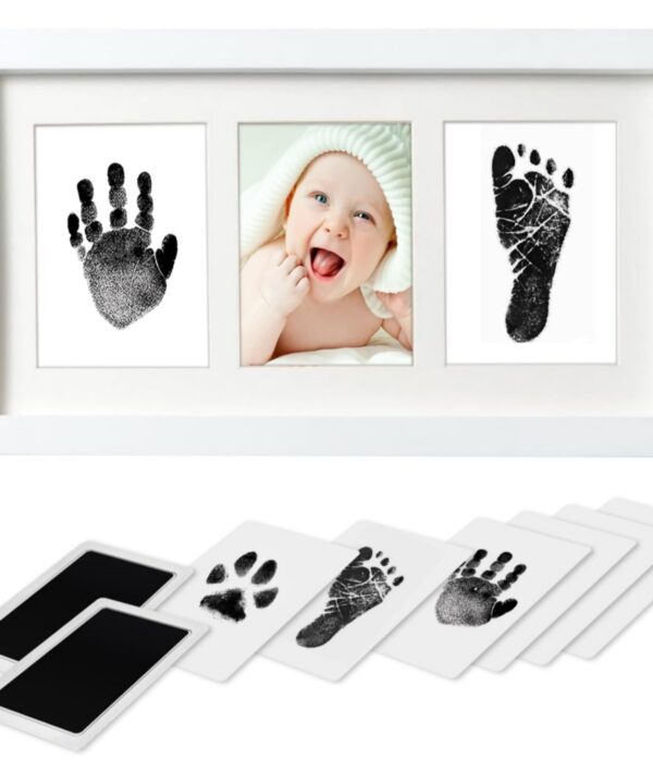 Baby Hand and Footprint Kit,Inkless Baby Handprint Kit with 2 Safe Clean-Touch Ink Pads and a Wooden Picture Frame for Newborn,Boys & Girls, Gifts for New Parents