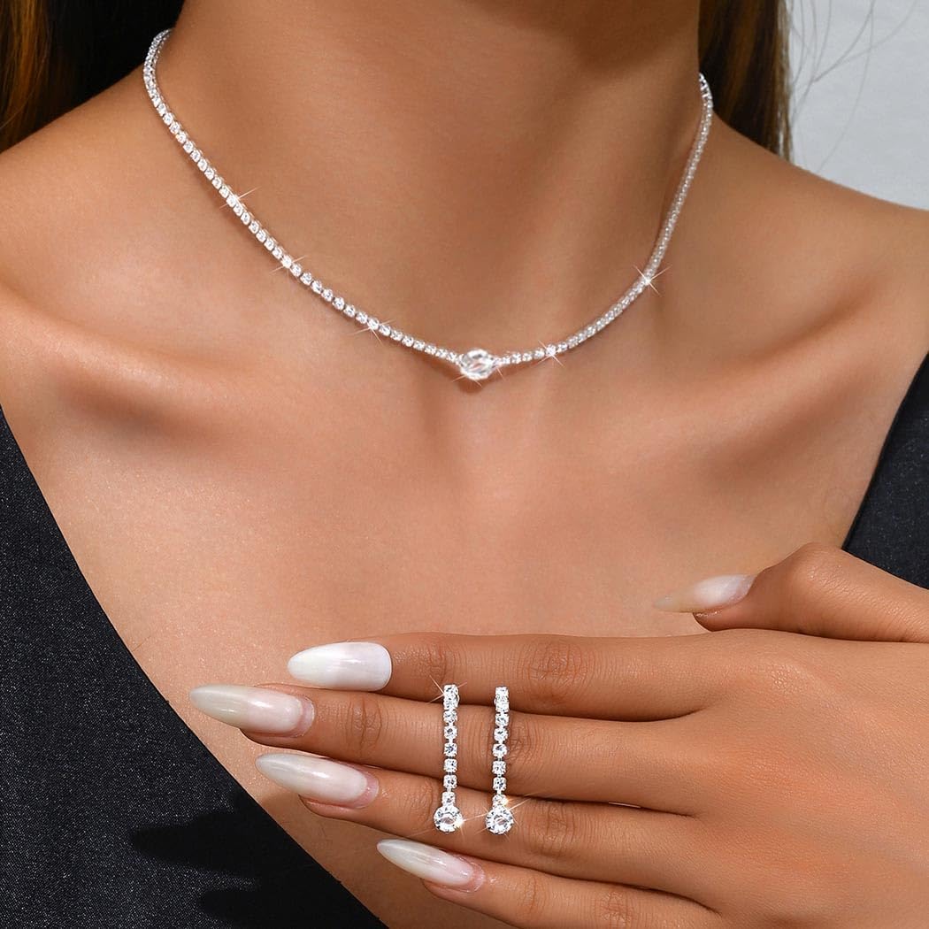 Unicra Silver Bridal Wedding Jewelry Set Rhinestone Necklace Earrings Sets Crystal Formal Costume Jewelry for Women and Brides