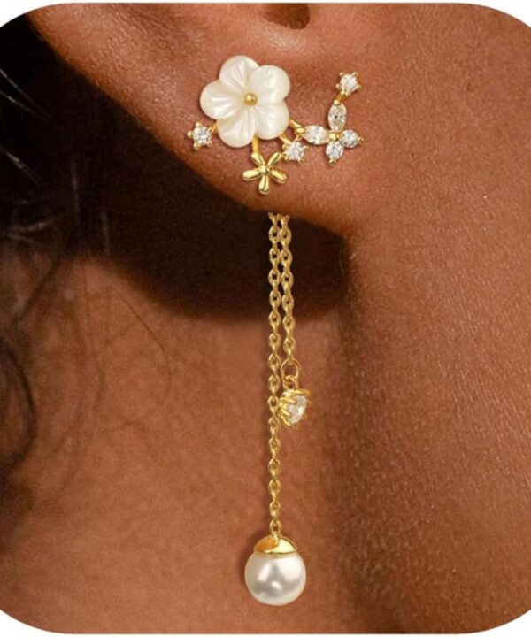 Dangle Pearl Drop Earrings For Women Trendy Long Threader Chain Dainty Flower Wedding Earrings For Brides CZ Cute 14K Gold Statement Sparkly Jewelry