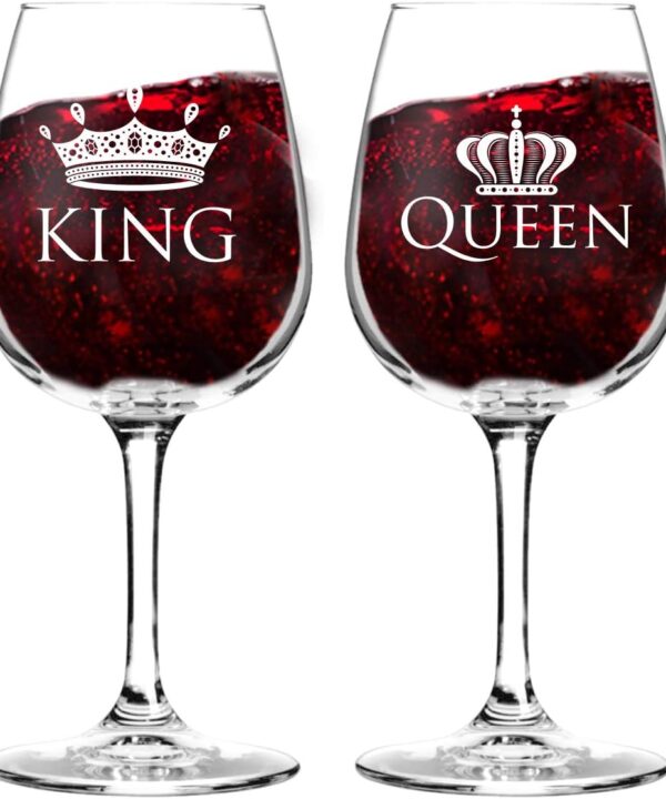 King and Queen Wine Glass Gift Set of 2 (12.75 oz) | Fun Novelty His and Hers or Husband Wife Drinkware | Couple, Newlywed| Wedding or Favorite Couples Gift | USA Made