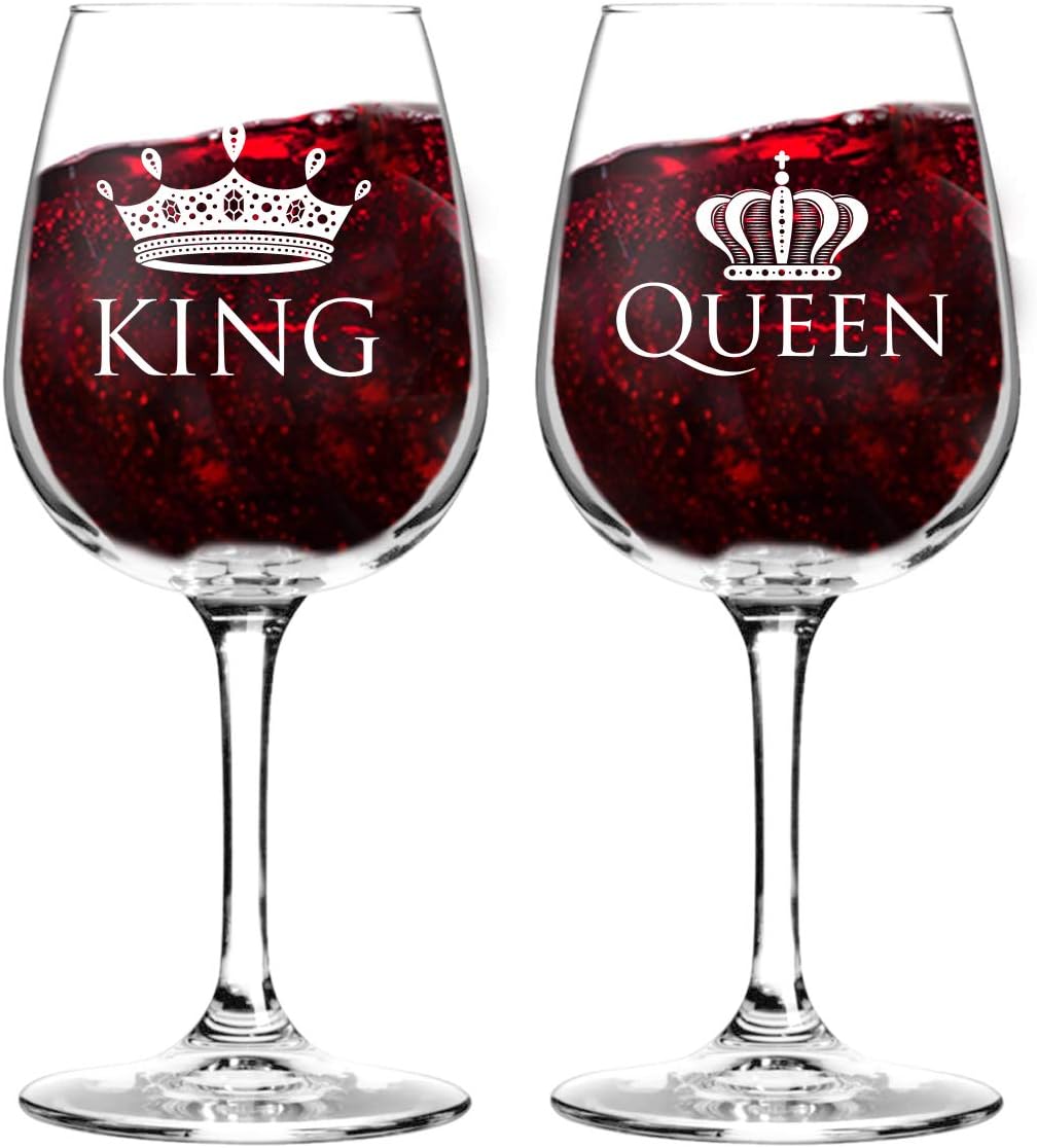 King and Queen Wine Glass Gift Set of 2 (12.75 oz) | Fun Novelty His and Hers or Husband Wife Drinkware | Couple, Newlywed| Wedding or Favorite Couples Gift | USA Made