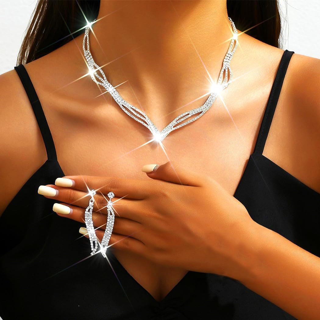 Silver V Shaped Necklace Rhinestone Necklace And Earring Set Wedding Bridal Sparkly Crystal Necklaces for Women