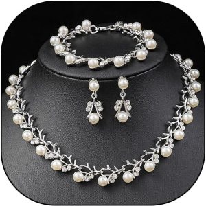 Rrdaily Rhinestone Pearl Wedding Jewelry Set for Bride Bridesmaid Bohemia Adjustable Beaded Crystal Bracelet Necklace Exaggerated Pearl Earring Set for Women