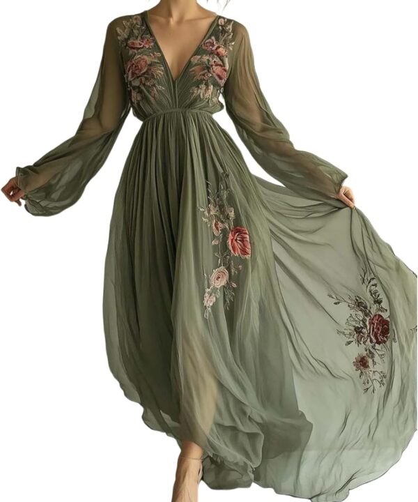 Womens Green Tulle Floral Beach Cover Up Sundresses with Belt Long Sleeves V Neck Summer Ruffle Tiered Dresses