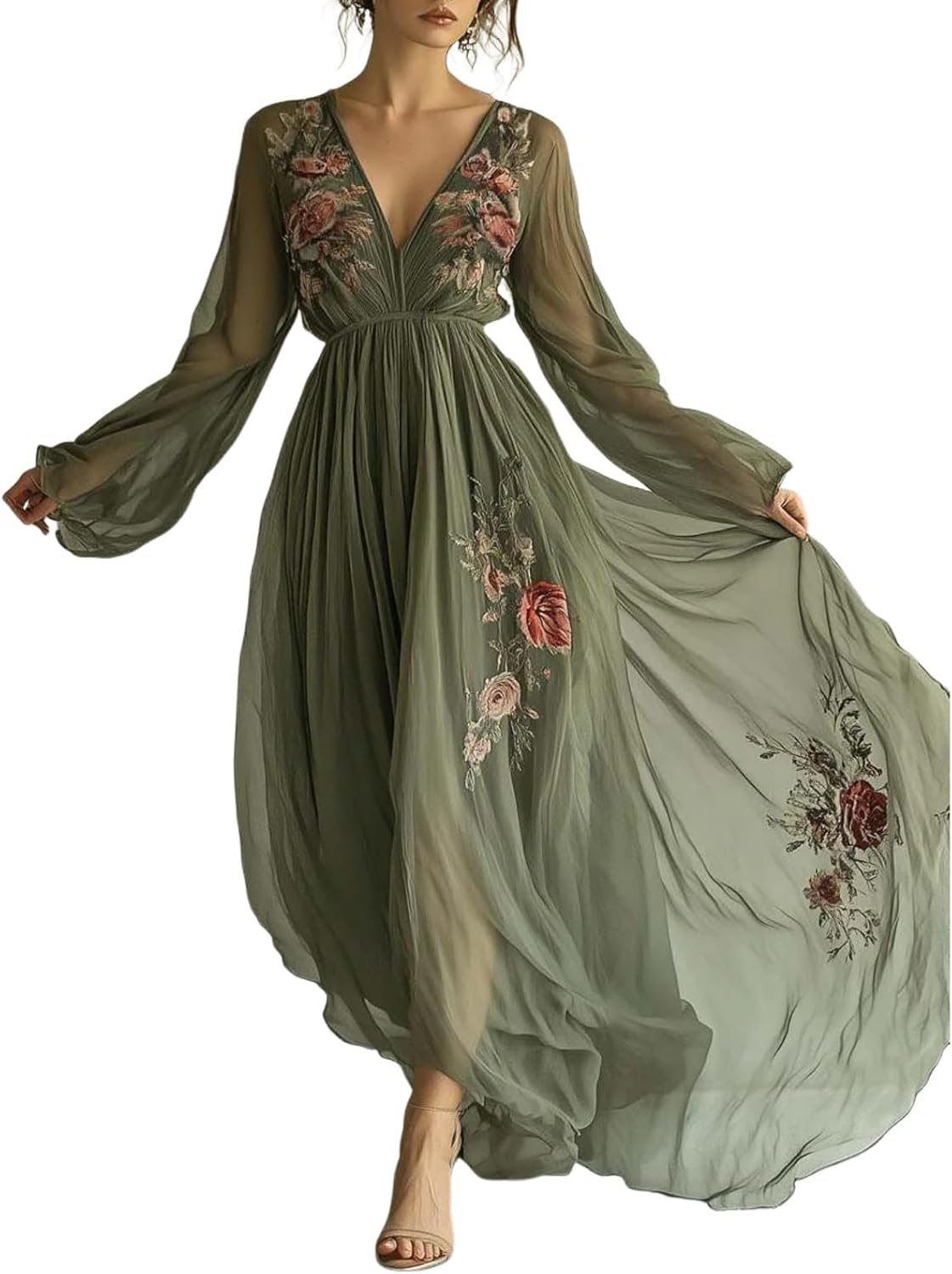 Womens Green Tulle Floral Beach Cover Up Sundresses with Belt Long Sleeves V Neck Summer Ruffle Tiered Dresses