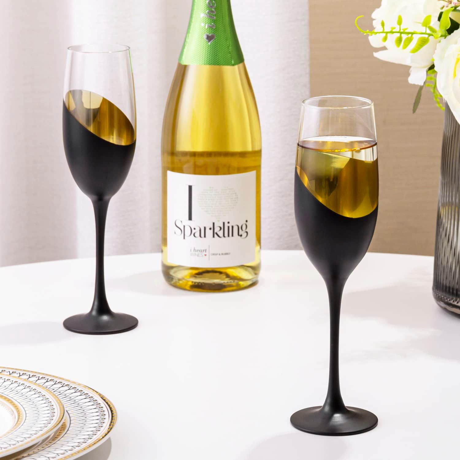 MyGift Modern Stemmed Champagne Flute Glasses Set of 6 with Matte Black and Gold Plated Design, Toasting Glass Party and Wedding Wine Glass, 8 oz