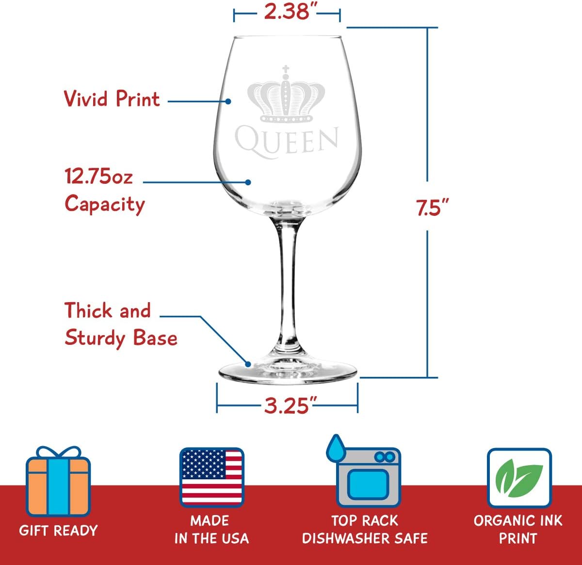 King and Queen Wine Glass Gift Set of 2 (12.75 oz) | Fun Novelty His and Hers or Husband Wife Drinkware | Couple, Newlywed| Wedding or Favorite Couples Gift | USA Made