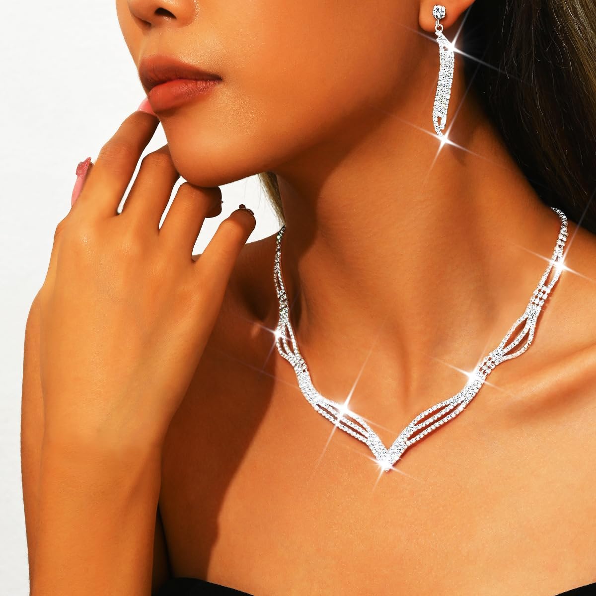 Unicra Wedding Jewelry Set Silver Rhinestone Necklace Earrings Set Prom Jewelry sets for Brides and Women