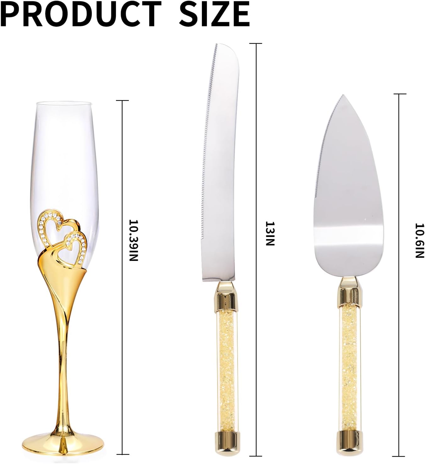 4 Piece Champagne Flutes and Cake Knife Server Set, Bride & Groom Toasting Flutes with Cake Cutting Set, Diamond Champagne Glasses Set for Wedding Reception or Anniversary Party, House Warming, Gold