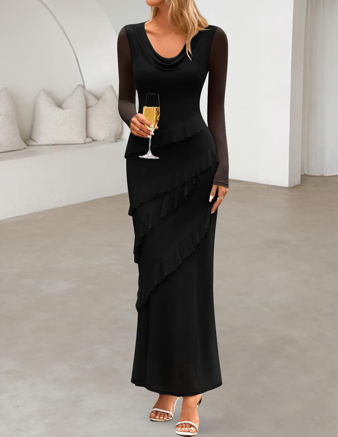 MEROKEETY Womens Fall Floral Long Sleeve Maxi Dress 2025 Cowl Neck Wedding Guest Ruffle Mesh Cocktail Bodycon Formal Dresses