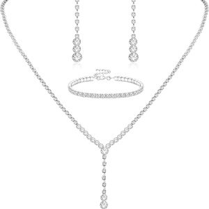 LOYALLOOK Crystal Silver Necklace and Earrings with Crystal Bracelet for Women Teardrop Dangle Earrings Rhinestone Necklace Bracelet for Bride Bridesmaid Crystal Bridal Wedding Party Jewelry Sets