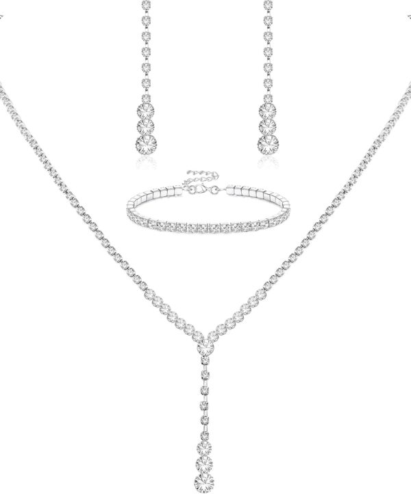 LOYALLOOK Crystal Silver Necklace and Earrings with Crystal Bracelet for Women Teardrop Dangle Earrings Rhinestone Necklace Bracelet for Bride Bridesmaid Crystal Bridal Wedding Party Jewelry Sets