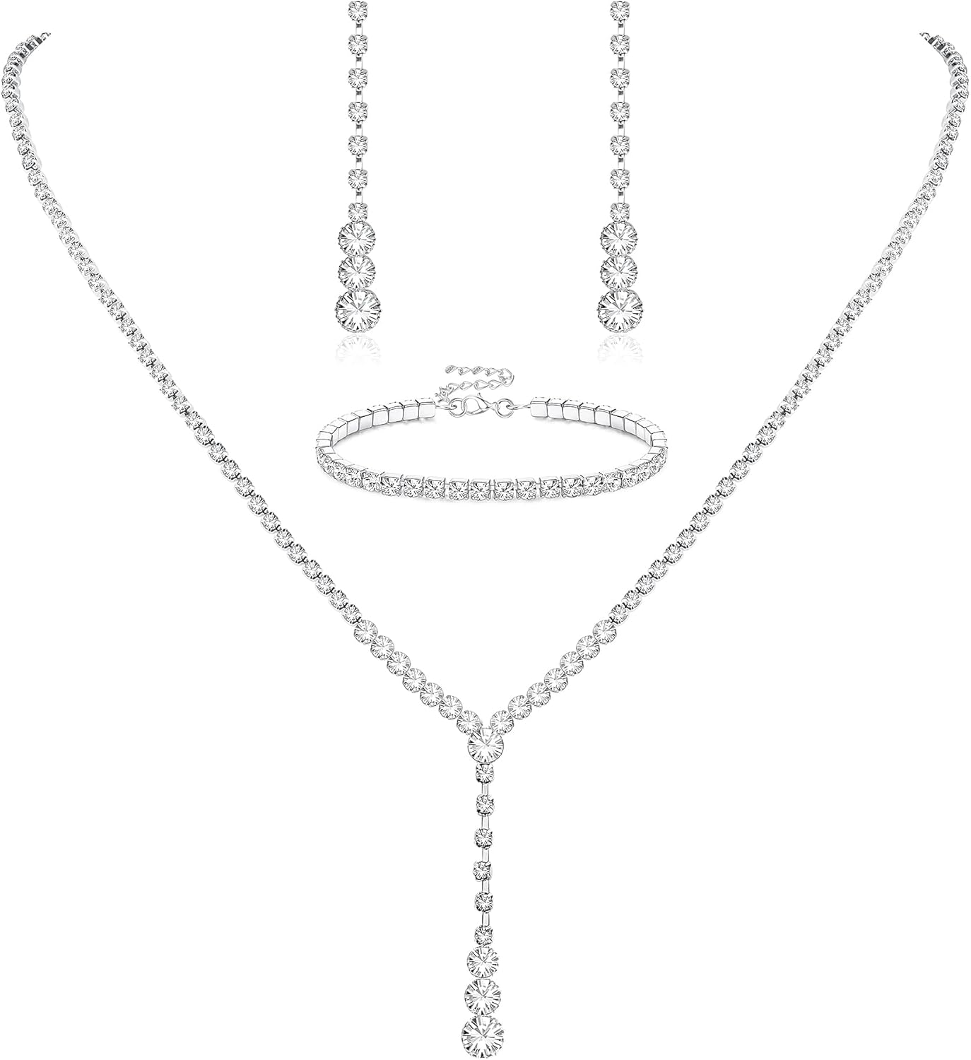 LOYALLOOK Crystal Silver Necklace and Earrings with Crystal Bracelet for Women Teardrop Dangle Earrings Rhinestone Necklace Bracelet for Bride Bridesmaid Crystal Bridal Wedding Party Jewelry Sets