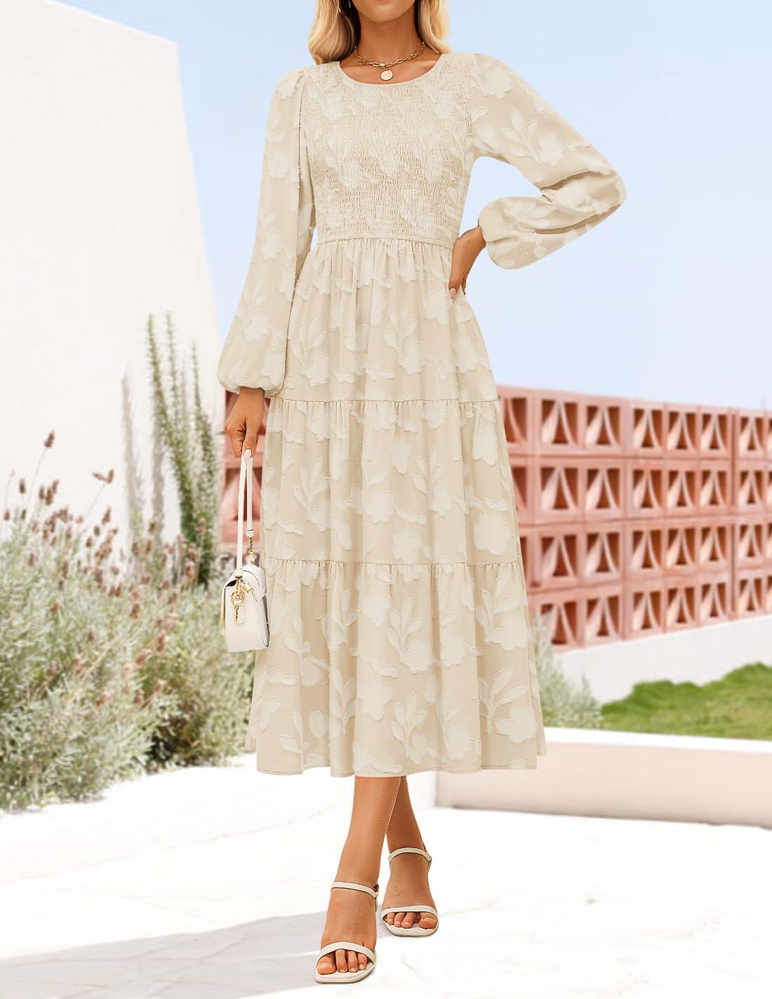 ZESICA Women’s Fall Boho Floral Midi Dress 2025 Casual Long Sleeve Crewneck Flowy Wedding Guest Long Dresses