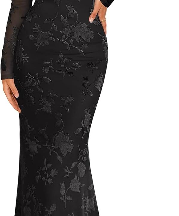 MEROKEETY Women's Fall Formal Wedding Guest Dress Long Sleeve Maxi Bodycon Floral Mesh Winter Cocktail Party Dresses