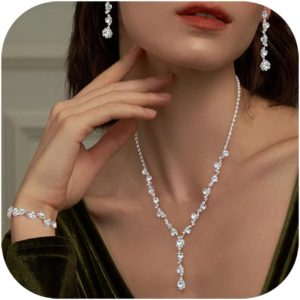 FUNRUN JEWELRY Silver Jewelry Set for Women Rhinestone Necklace and Earrings Bridal Wedding Jewelry Sets for Brides Bridesmaid Crystal Wedding Prom Jewelry