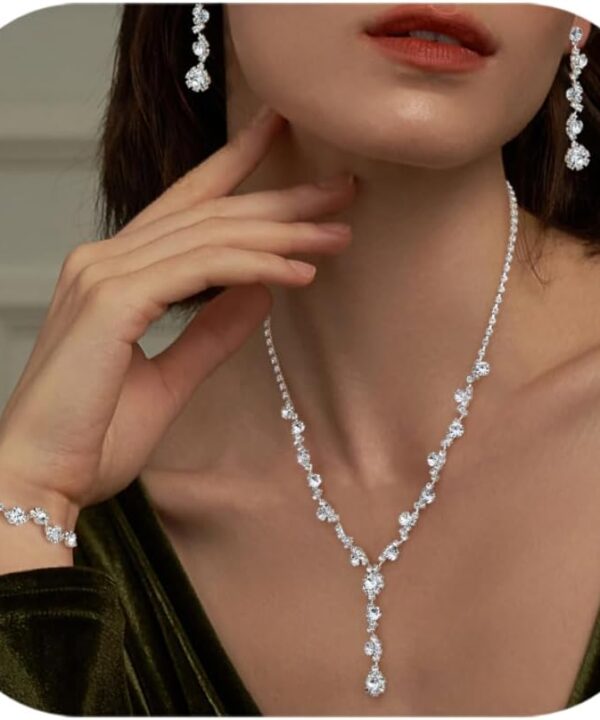 FUNRUN JEWELRY Silver Jewelry Set for Women Rhinestone Necklace and Earrings Bridal Wedding Jewelry Sets for Brides Bridesmaid Crystal Wedding Prom Jewelry