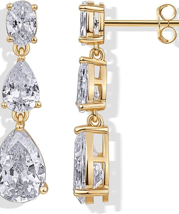 PAVOI 14K Gold Plated Cubic Zirconia Dangle Earrings for Women - Crystal Long Linear Bridal Drop Earrings - Cluster CZ Pearl Simulated Diamond Drop Dangle Wedding Jewelry for Brides & Bridesmaid