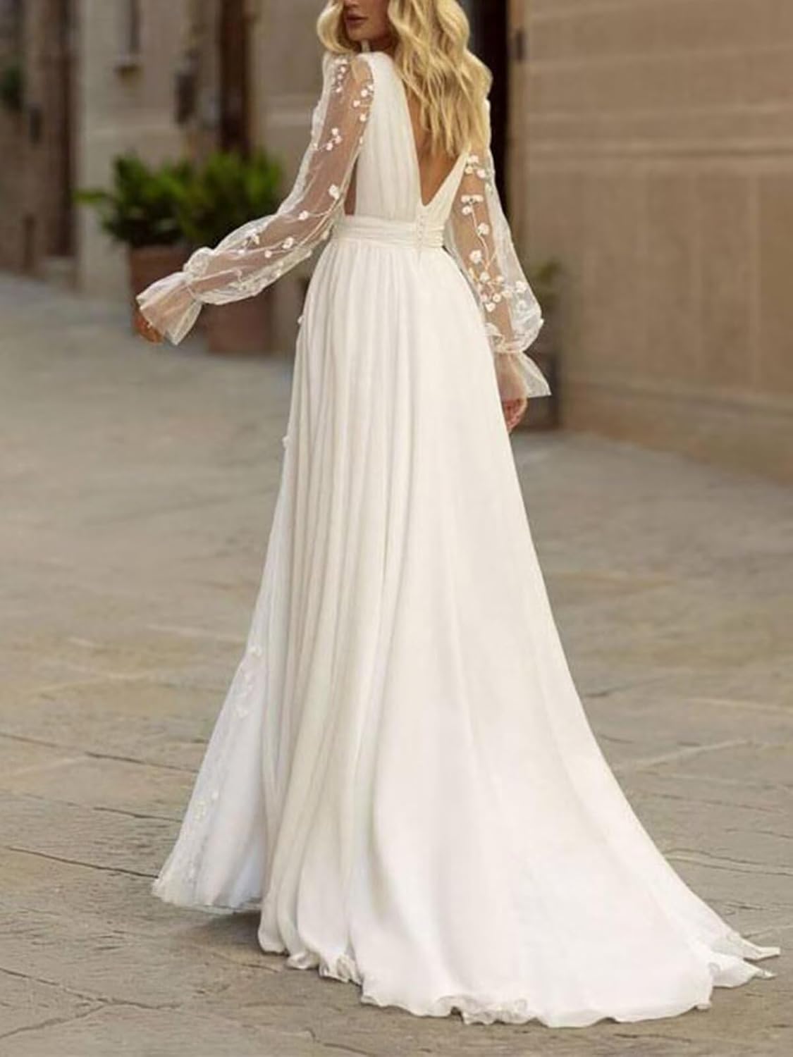 Long Sleeves Wedding Dresses for Bride Lace Chiffon A Line Long Beach Bridal Dress for Women