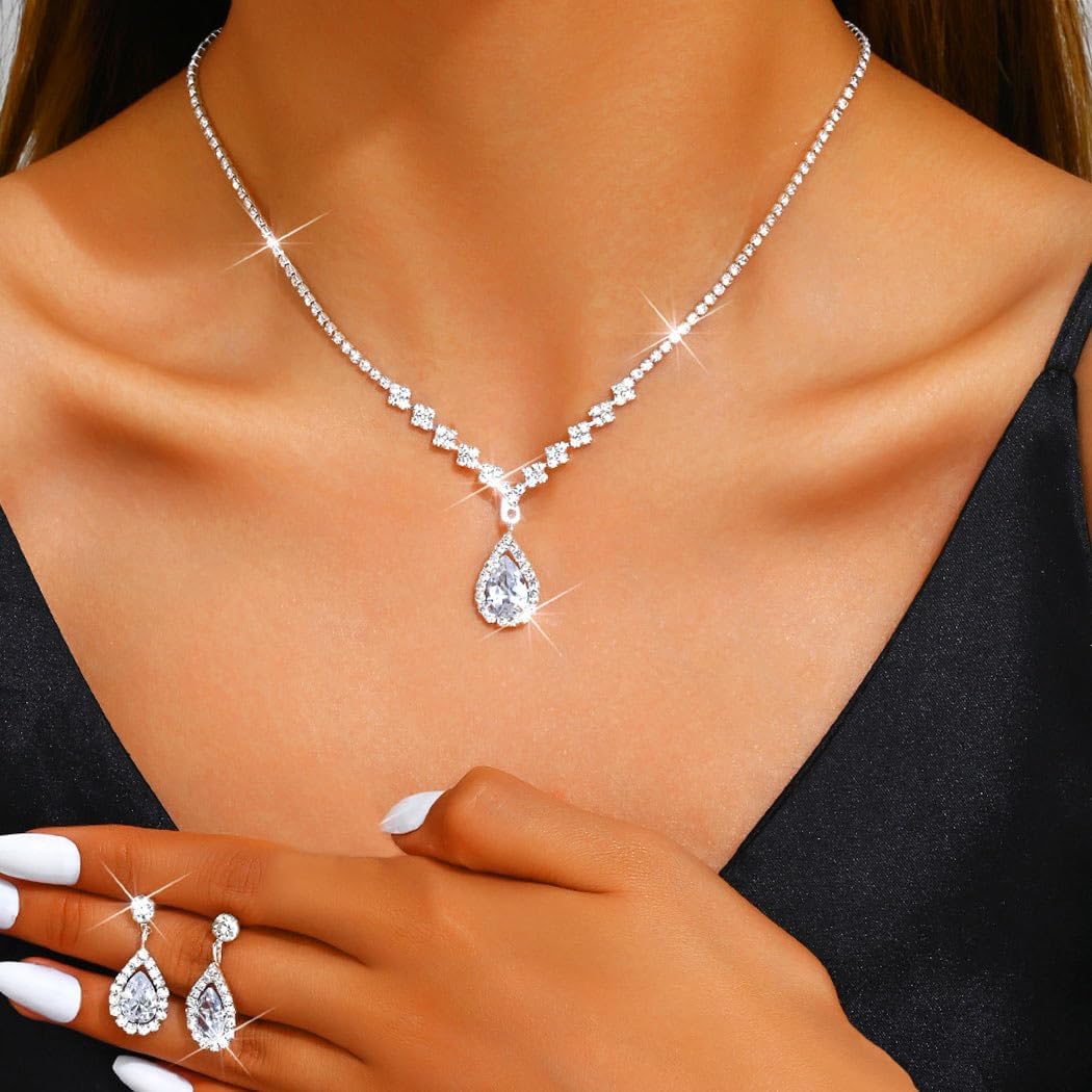Aukmla Bride Wedding Necklace Earrings Set Silver Rhinestones Necklaces Bridal Crystal Jewelry Accessories for Women (Set of 3)