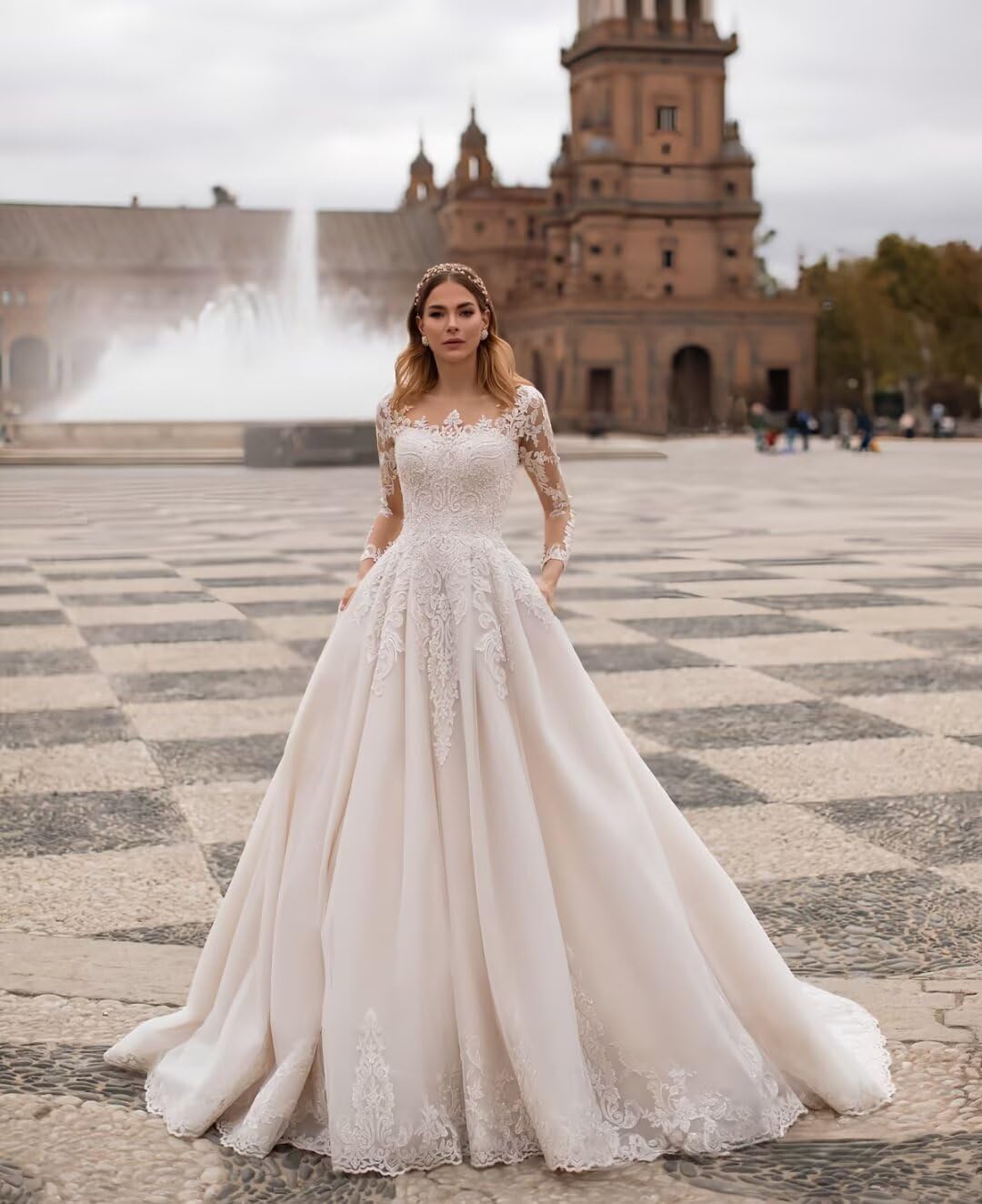 Zeeyecie Lace Long Sleeve Wedding Dresses Tulle A-Line Pleated Floor Length Long Bridal Gowns with Pockets 2025