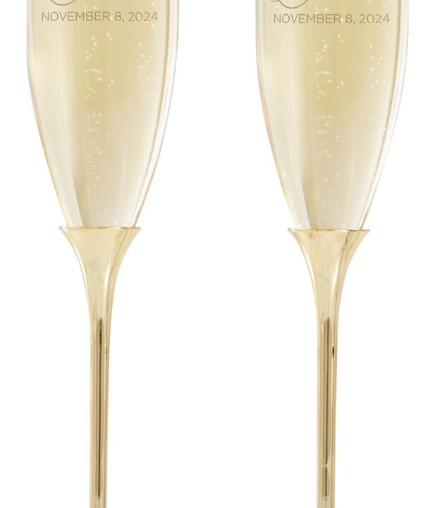 Personalization Universe Personalized Elegant Couple Gold Wedding Flute Set - Customizable Champagne Glasses with Etched Titles, Names & Date for Bride and Groom - 6.5oz, Gift Box Included