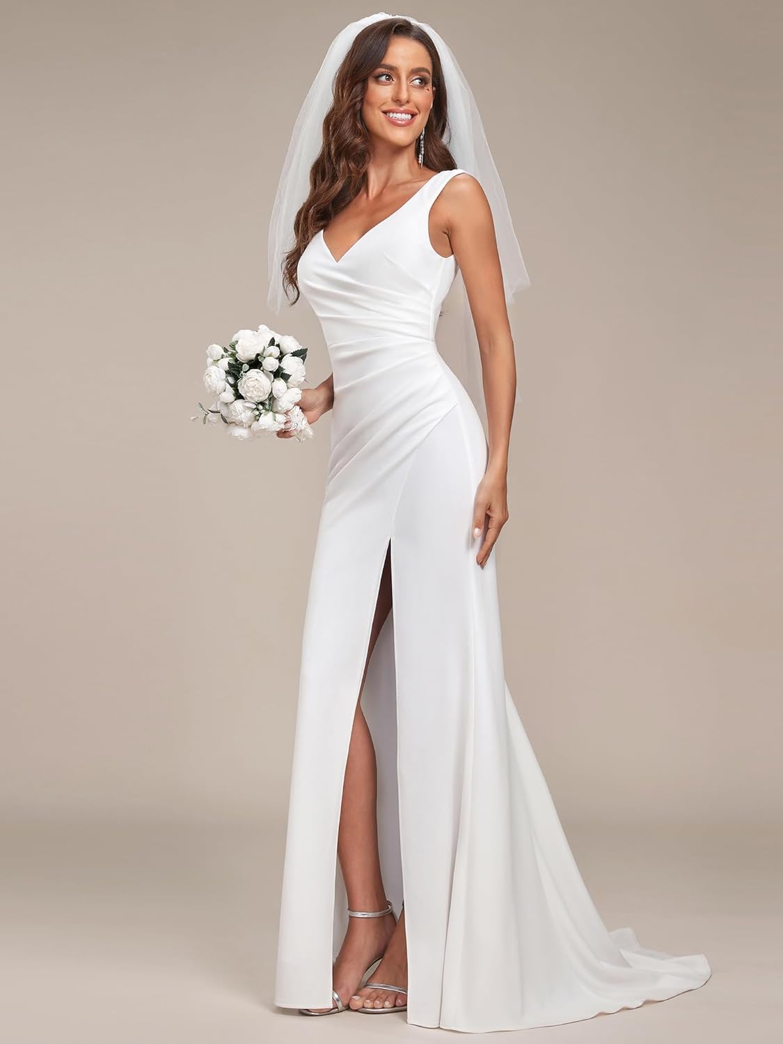 Ever-Pretty Womens V Neck Sleeveless Bridal Wedding Dress with Slit Floor Length Mermaid Gown for Bride White 0121B