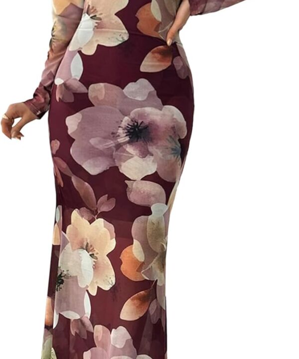 BTFBM Wedding Guest Dresses for Women Fall Fashion 2025 Bodycon Long Sleeve Boho Mesh Party Cocktail Floral Maxi Dress